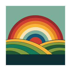 Vintage landscape with rainbow and rolling green hills