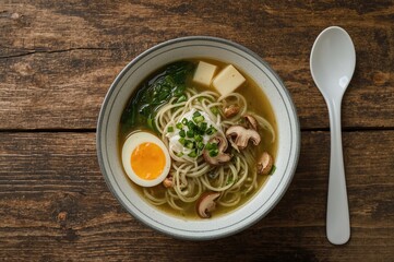 Asian-inspired soup bowl featuring green tea soba noodles, egg, mushrooms, spring onion, and tofu cheese, accompanied by chopsticks and a white spoon on a rustic wooden surface. Overhead shot with