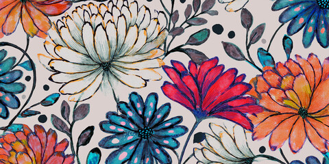  Watercolor art painting A vibrant seamless floral pattern with colorful flowers and leaves for background or decoration delicate wallpaper design.