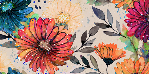 Watercolor art painting A vibrant seamless floral pattern with colorful flowers and leaves for background or decoration delicate wallpaper design.