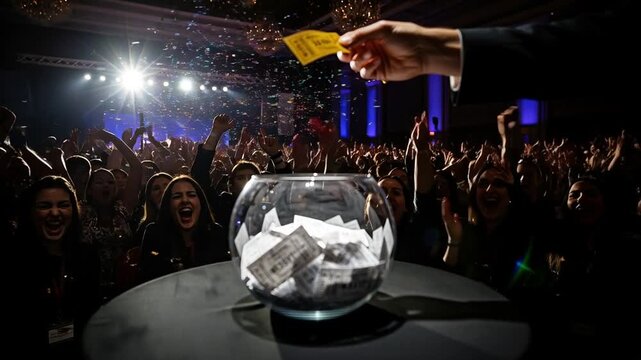 Excitement and Anticipation Build as Participants Draw Lottery Tickets from a Bowl Amidst Cheers and Celebratory Confetti at a Thrilling Event