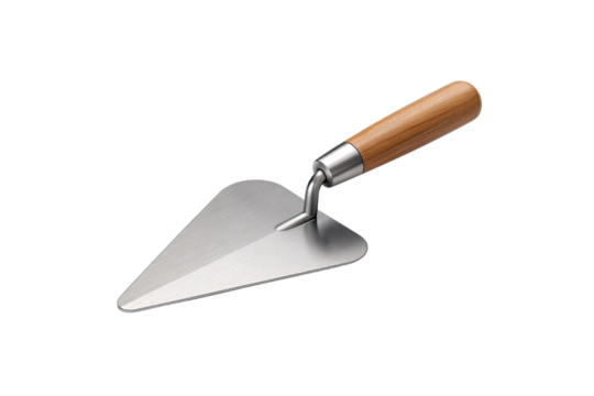 Stainless steel trowel with wooden handle for construction and masonry work, isolated on a transparent background
