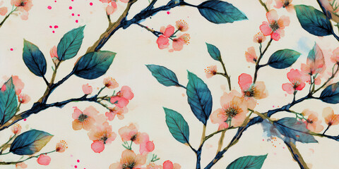  Watercolor art painting A vibrant seamless floral pattern with colorful flowers and leaves for background or decoration delicate wallpaper design.