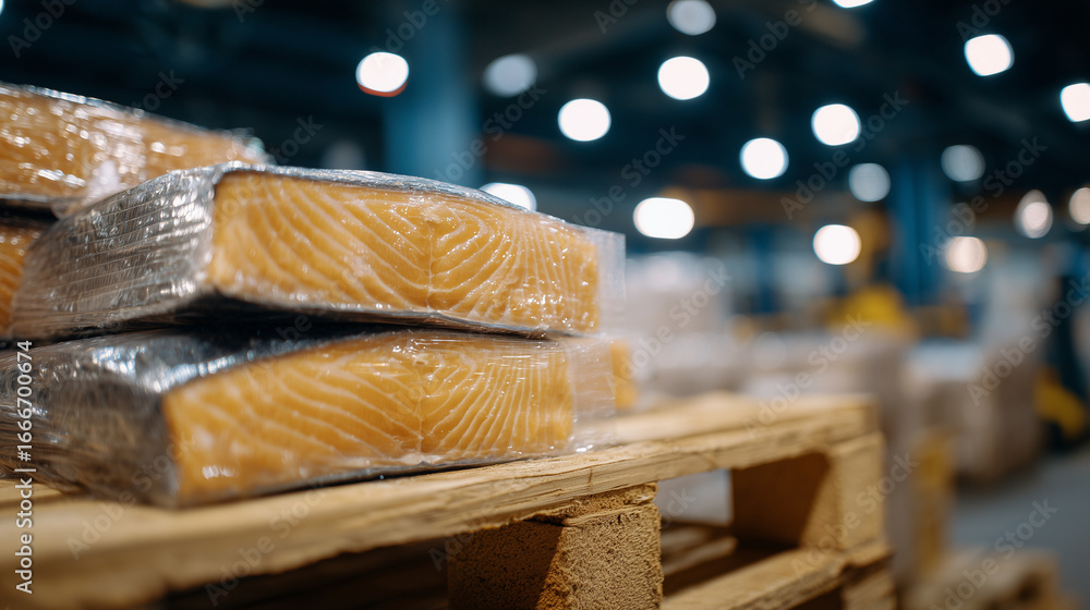 Poster macro shot of a single pallet, packages of salmon fillets stacked in layers, condensation visible on