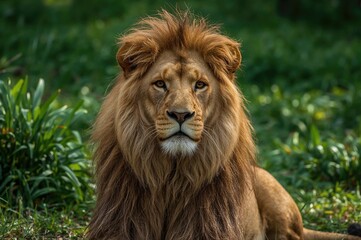 Fototapeta premium Big cat with mane roaming green habitat in zoo