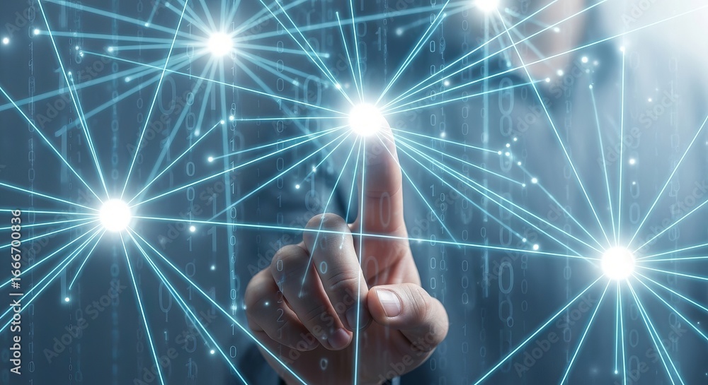 Poster hand touching a glowing digital network connection, representing technology and future innovation in