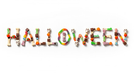 Fototapeta premium Whimsical arrangement of colorful candies and festive treats meticulously forming a word, celebrating a popular autumn holiday with sweet edible typography