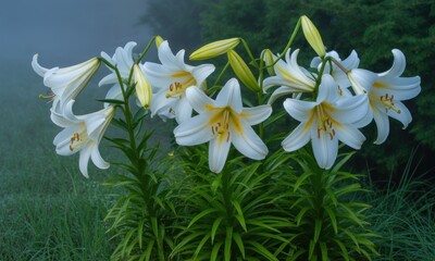 Fototapeta premium White lilies bloom amidst green foliage, shrouded in a soft, foggy mist