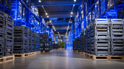Top-down perspective, symmetrical rows of pear crates on pallets, geometric arrangement highlighting organized warehouse logistics, cool blue ambient light enhancing freshness