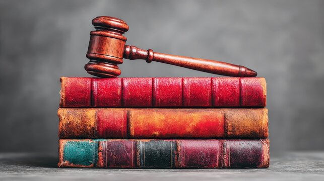Law Books and Gavel: A detailed studio shot portrays a collection of antique, leather-bound law books, crowned by a classic wooden gavel. This symbolic image encapsulates justice and legal authority.