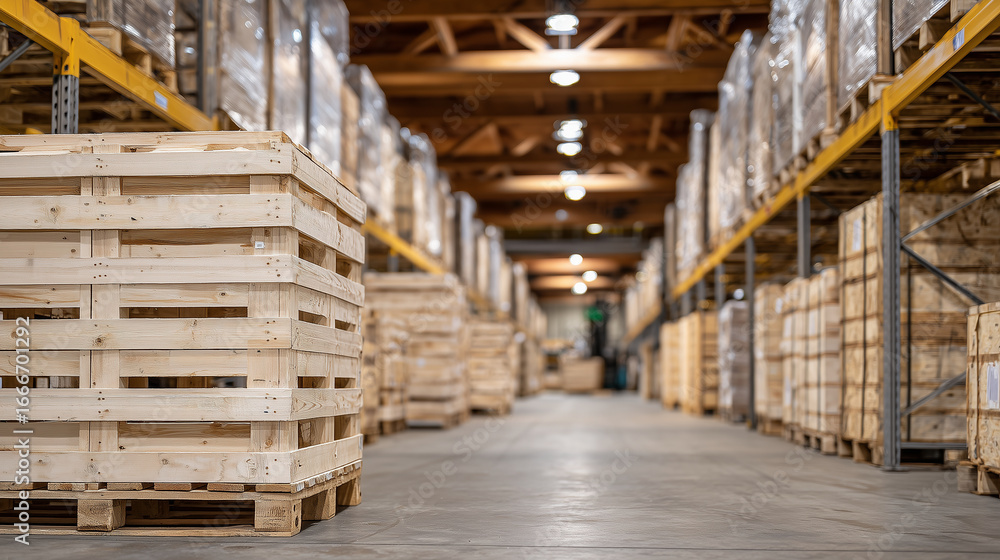 Poster Epic warehouse shot, long aisle of pear crates stretching into distance, neat pallet organization, soft cold light reflecting off crates, emphasizing pristine storage conditions