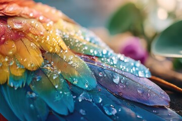 Close-Up of Colorful Bird Feathers with Water Droplets Capturing Vibrant Colors and Textures in Nature's Bounty, Ideal for Wildlife and Nature Enthusiasts