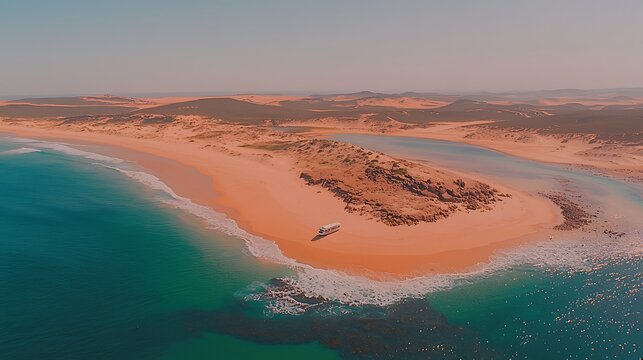 Aerial wide composition of sandy beach and sea foam, drone with 20mm equivalent lens, natural daylight capturing vibrant contrast between land and water