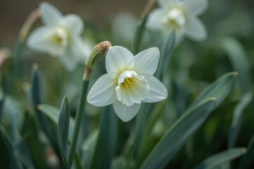 A detailed view of a paperwhite narcissus flower surrounded by green foliage