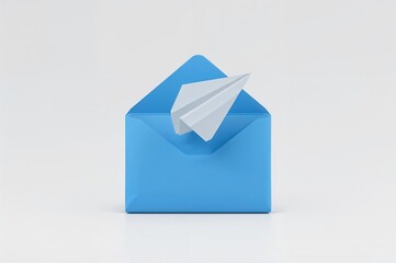 3D blue open envelope with paper airplane on gray backdrop, symbolizing new message alert. Minimalistic 3D realistic 2D illustration.