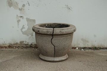 Naklejka premium An old cracked mortar resting against an exterior wall, left unused