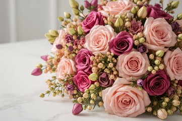 A detailed view of fake flowers arranged on a white surface with an out-of-focus backdrop.