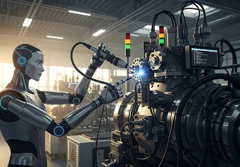 Futuristic robot technician working on a complex machine