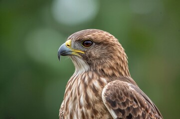 Fototapeta premium Close-up profile of a raptor perched, showcasing brown plumage, sharp eye, hooked beak, and yellow claws against a blurred backdrop.