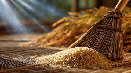 Rustic setting, wooden dustpan over a bamboo mat, rice spilling onto mat in golden light, symbolizing harvest, patience, and human effort