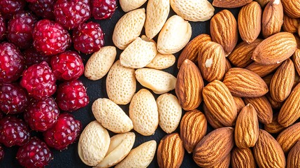 Fototapeta premium Detailed close up of almonds and berries mix, captured with 135mm lens on mirrorless camera, shallow depth of field highlighting textures against soft background