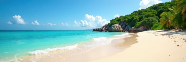 Sun-drenched sand, turquoise waves lap gentle shore, lush island backdrop,  travel,  shore,  summer