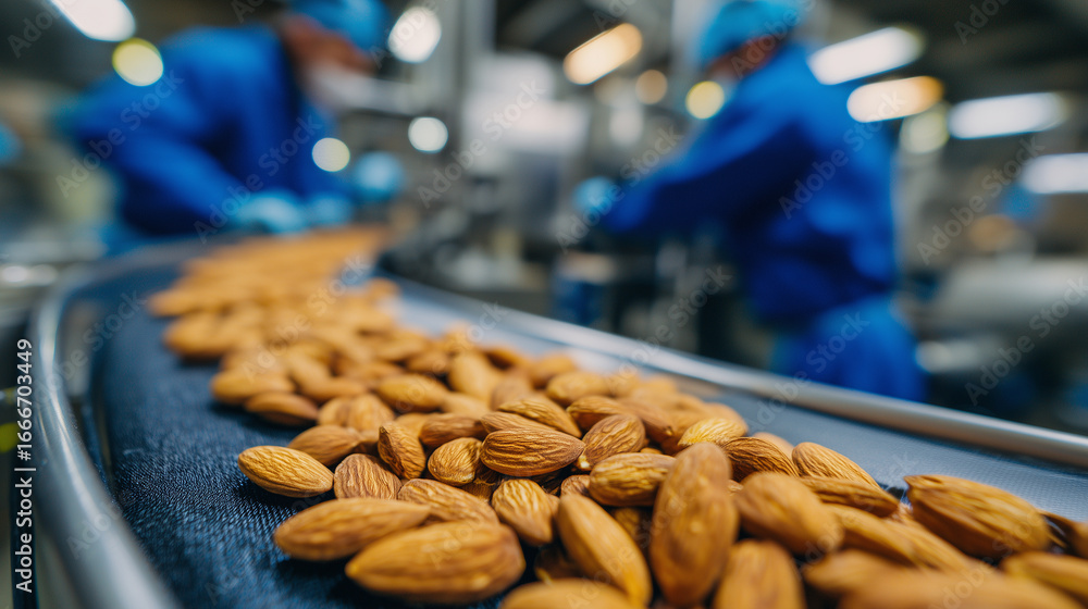 Poster close-up of almonds on conveyor, sharp detail of textured nuts, blurred background with workers in b
