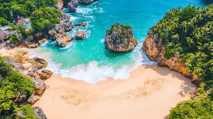 Aerial view of coastline with waves and sandy beach, drone camera using wide angle 16mm lens equivalent, sharp detail on shoreline curves under bright sunlight