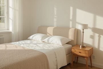 A cozy bed featuring white cushions and a throw, beside a nightstand holding a lamp, illuminated by natural light