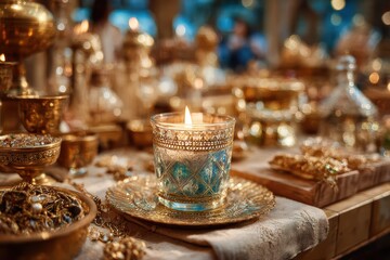Fototapeta premium Elegant golden decor with glowing candle surrounded by intricate artisanal pieces on a beautifully arranged table, showcasing luxury and opulence in an enchanting setting.