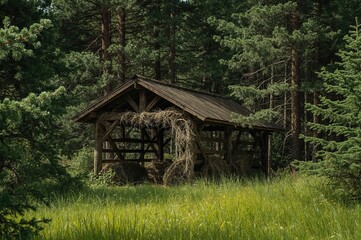 A rustic wooden hay feeder concealed within dense evergreen trees in the forest. A natural refuge for woodland creatures.