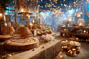 Elegant Golden Decorative Elements Set Against a Softly Lit Background with Warm Bokeh and Charming Atmosphere for Cozy Ambiance and Festive Occasions