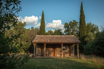 Obraz premium A tiny cabin featuring an expansive timber roof framework