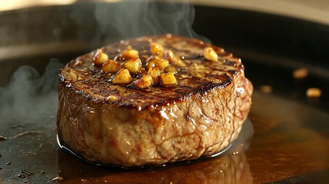 Sizzling steak with garlic topping