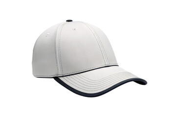 Fototapeta premium Light gray baseball cap with contrasting navy blue trim and stitching details, isolated on a transparent background