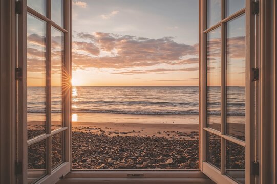 Fototapeta Sunset beach scene seen through a window from a vertical perspective
