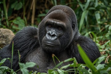 Obraz premium Close-up of a male gorilla relaxing in the wild environment