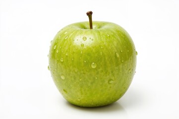 A single green apple with a stem set against a plain white backdrop