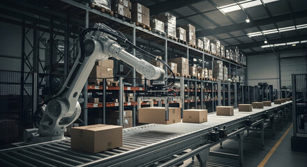 Robotic Arm Placing Boxes on Conveyor Belt in Warehouse.
