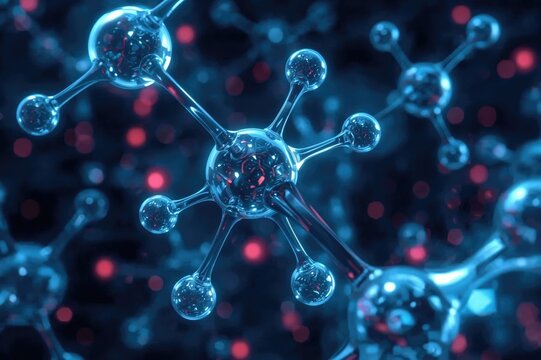 3D rendering of molecular structures. Atomic particles backdrop. Healthcare theme for promotional materials. Detailed atomic-level molecular design.