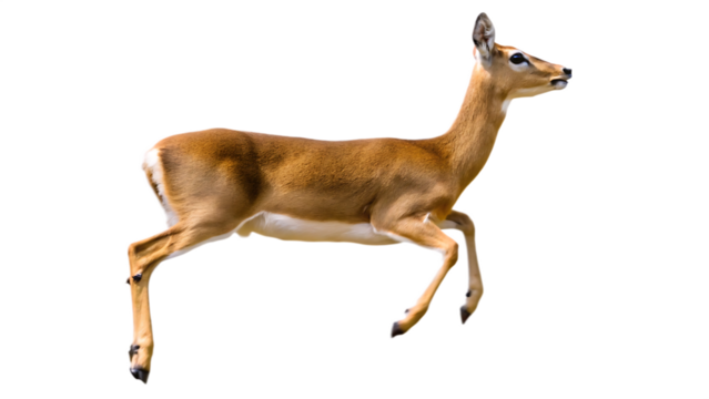 photograph a deer leaping on mid air isolated on white background, png, ai generated.
