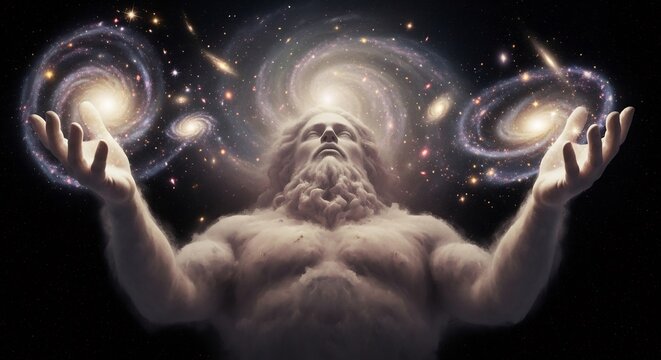Celestial deity concept, a digital creation of a god holding galaxies. Ideal for science, religion, spirituality, mythology, or philosophical projects. Fantasy artwork.