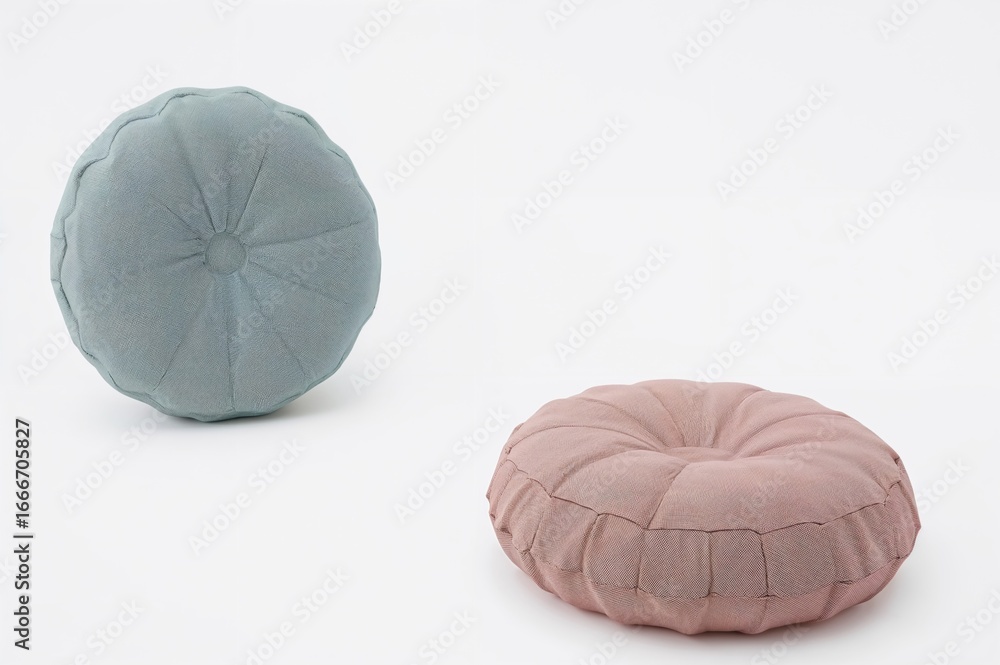 Poster three circular textile pillows displayed on a plain white backdrop, digitally rendered in 3d.