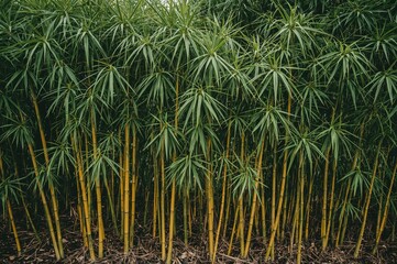 This plant features bright green, elongated leaves and belongs to the ornamental bamboo family, specifically the yellow bamboo variety Bambusa vulgaris 'Striata'.