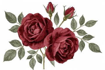 Fototapeta premium Burgundy watercolor blossoms arranged with leaves and buds in a botanical design perfect for wedding invitations or greeting cards.