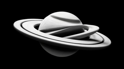 Abstract, stylized planet with rings, light gray on black background