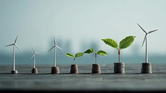 Growth of renewable energy represented by wind turbines and green leaves on stacked coins

