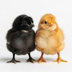 Obraz premium Two fluffy baby chicks standing together isolated on white background