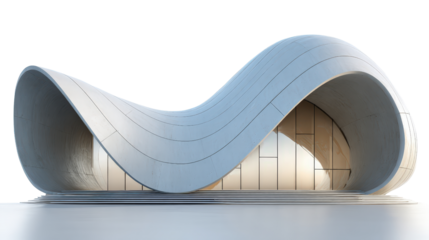 Futuristic 3D architectural building with curved surfaces, isolated on a Transparent background, PNG file.