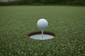A golf ball teetering on the rim of the cup, nearly dropping inside.